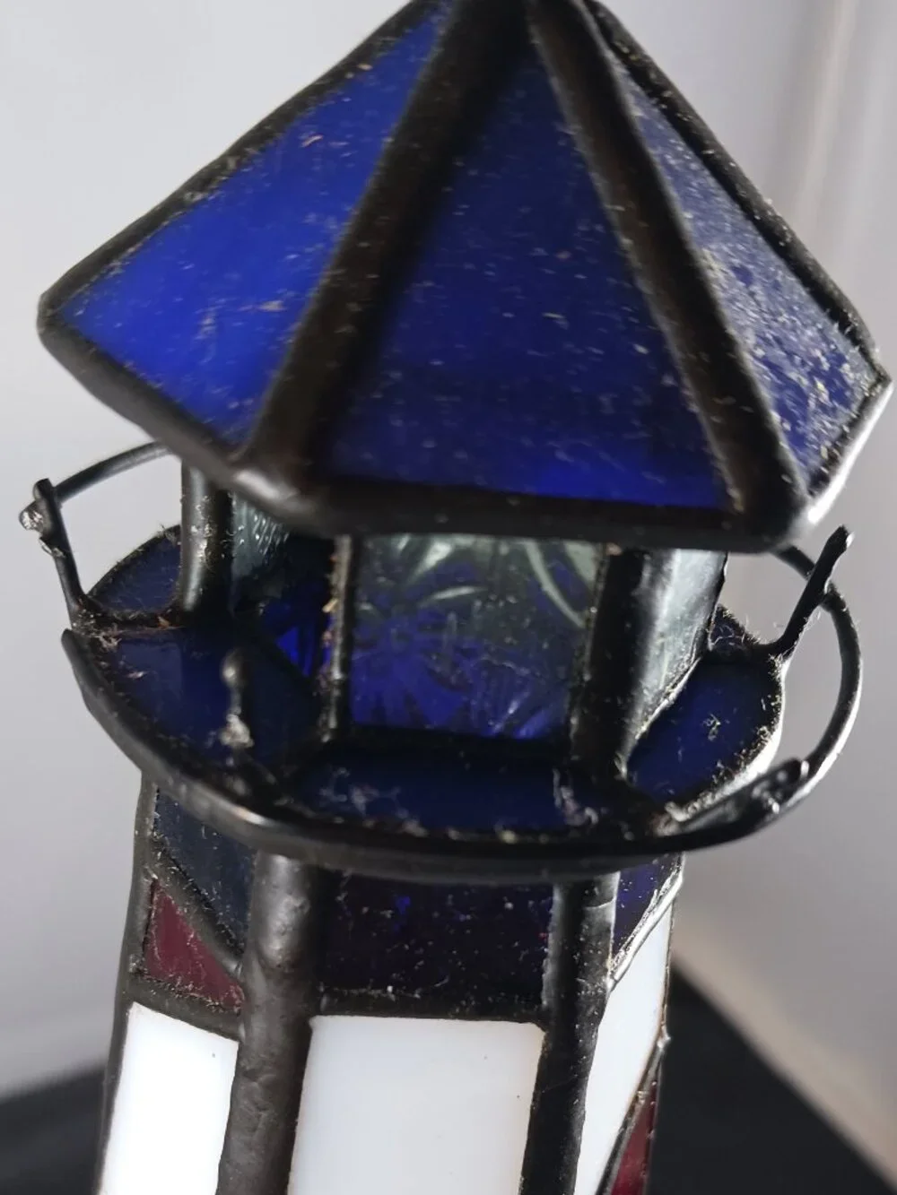 Vintage Stained Glass Lighthouse with Resin Houses on beach on Wood Base